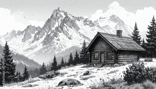 Mountain cabin in snowy landscape