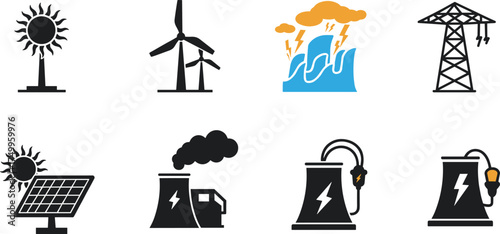 Renewable and nonrenewable energy source vector icon set with solar, wind, hydro, nuclear, and electric power plant illustration for eco industry design