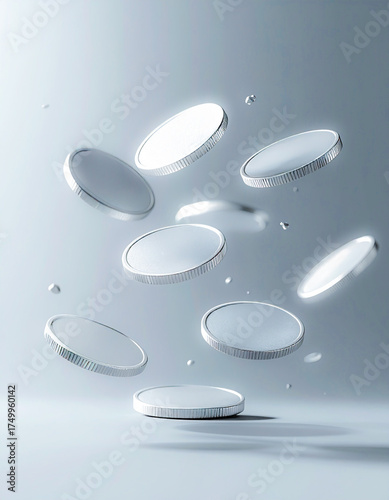 3D render of blank silver coins floating on a modern financial background.