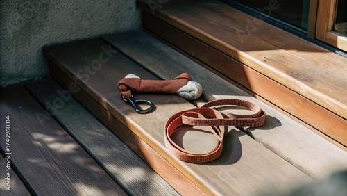 Pet accessories resting on wooden steps in sunlight