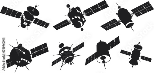 Satellite silhouette vector set with solar panels and antennas, communication and space technology illustration collection for science, orbit, and exploration design