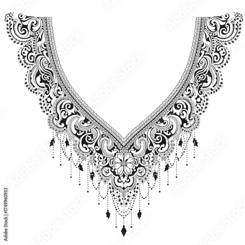 Intricate silver lace neckline embellishment with dangling charms