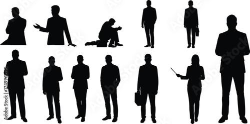 Silhouette business people standing and posing in various formal gestures, corporate team presentation, leadership, and communication concept vector illustration on white background