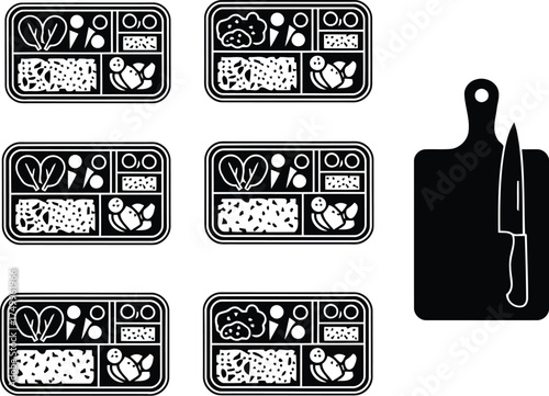 Healthy cooking vector art of six meal prep containers and a cutting board vector icon