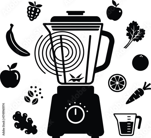 Healthy cooking vector art of blender surrounded by fruits and vegetables