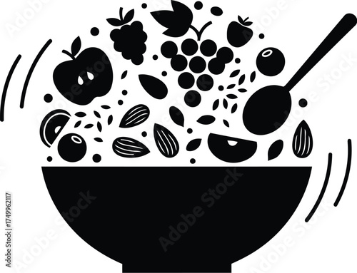 Healthy cooking vector art of healthy breakfast bowl with fruits and nuts vector icon