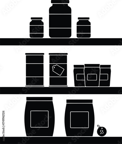 Healthy cooking vector art of protein supplements on shelves for fitness and nutrition