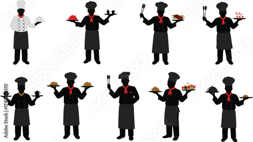 Silhouette chefs holding trays and cooking utensils, professional restaurant cooks serving food dishes, culinary art concept vector illustration for kitchen, dining, and hospitality themes