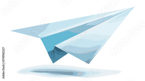 A light blue paper airplane hovers slightly above the ground, casting a gentle shadow on the surface, against a black background.