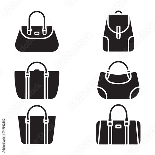 Collection of various bag silhouettes including handbag, tote, backpack, and duffel vector illustration