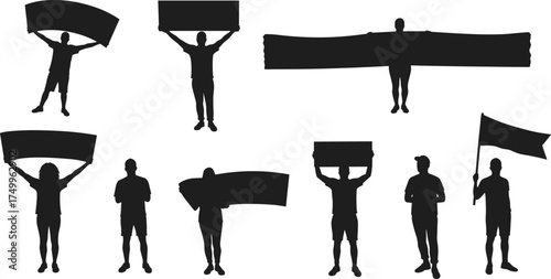 Silhouette group of people holding protest banners and waving flags, vector illustration representing freedom, social movement, demonstration, activism and unity concept design