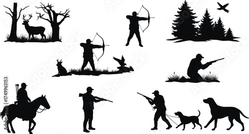 Silhouette hunters with rifles, bows, dogs, and deer in forest landscape, black hunting vector illustration set for outdoor adventure design concept