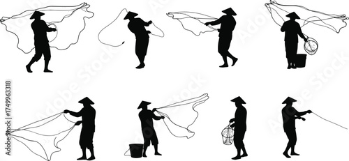 Silhouette illustration of traditional fishermen casting fishing nets by hand, village fishing lifestyle vector concept showing rural people working on water
