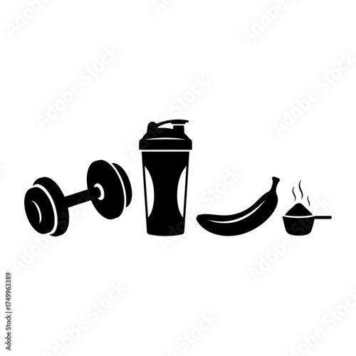 Specialized nutrition sports nutrition illustration of fitness equipment and healthy food