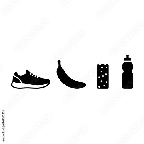 Specialized nutrition sports nutrition vector art of sport and healthy lifestyle concept with running shoe, banana, bar, bottle