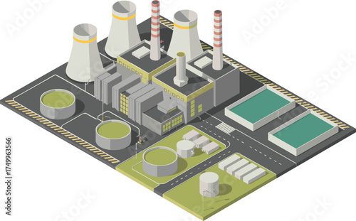Isometric 3D illustration of industrial power plant with cooling towers and storage tanks, clean energy and factory infrastructure concept