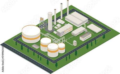 Isometric 3D illustration of industrial power plant with cooling towers and storage tanks, clean energy and factory infrastructure concept