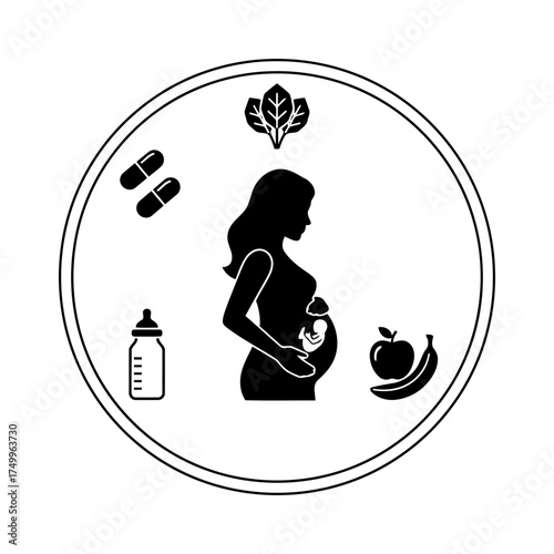 Specialized nutrition sports nutrition vector art of silhouette of a pregnant woman with healthy food and supplements