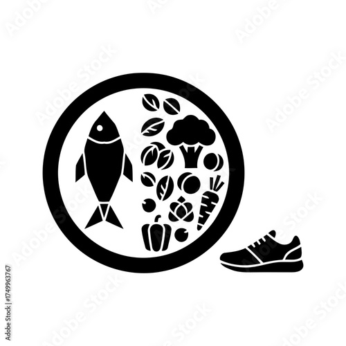 Specialized nutrition sports nutrition vector art of healthy food plate with fish and vegetables, next to a sneaker