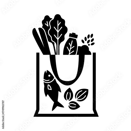 Specialized nutrition sports nutrition vector art of grocery bag filled with fresh food, including fish and vegetables