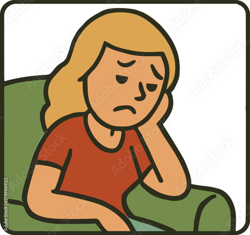 A retro-style illustration of a sad blonde woman sitting on a green armchair with her head resting on her hand, expressing exhaustion, loneliness, or melancholy.