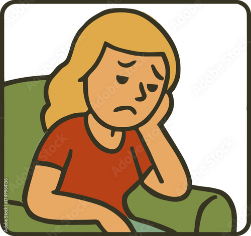 A retro-style illustration of a sad blonde woman sitting on a green armchair with her head resting on her hand, expressing exhaustion, loneliness, or melancholy.