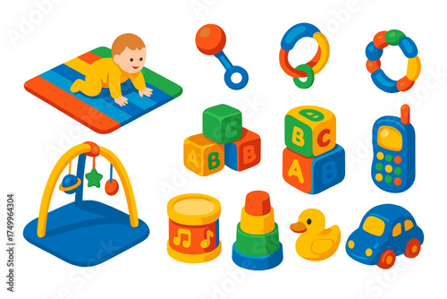 Colorful Baby Toys. Isometric vector illustration set Baby Playtime: crawling mat, play gym, toy arch, rattle, plush blocks,