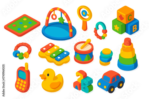 Colorful Baby Toys. Isometric vector illustration set Baby Playtime: crawling mat, play gym, toy arch, rattle, plush blocks,