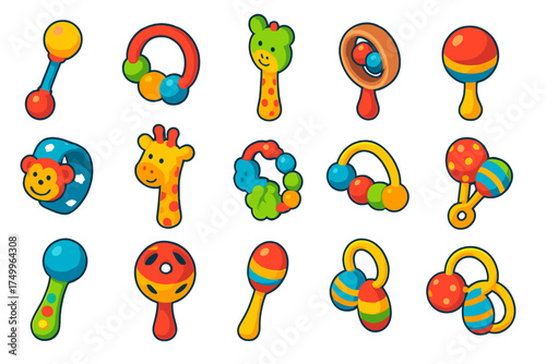 Colorful Infant Rattles. Isometric vector illustration set Infant Rattles: classic rattle, ring rattle, animal rattle, wrist