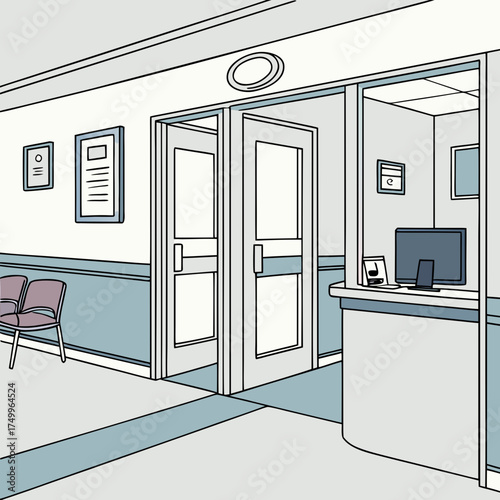 A clean and modern illustration of a hospital hallway with double doors a reception desk computer and waiting area chairs