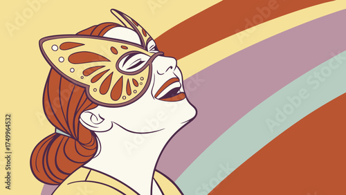 Cartoon lady with butterfly mask and glowing cheeks in bright gradient background vector