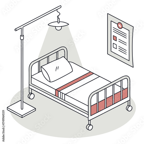 A clean and simple isometric illustration of an empty hospital bed with a pillow and a medical chart on the wall illuminated by a medical lamp