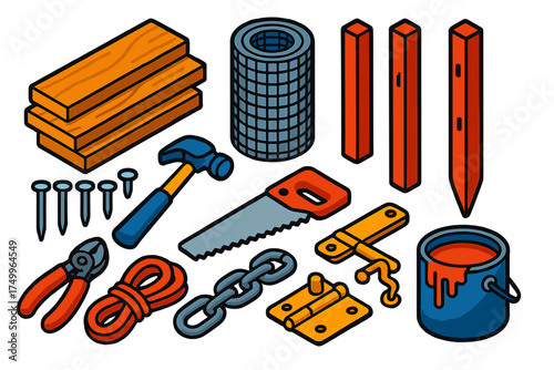 Farm Fence Supplies. Isometric vector illustration set Farm Fence Materials: wooden planks, metal mesh roll, fence posts, nails,