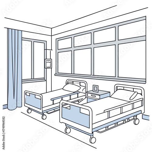 A clean minimalist illustration of a hospital room with two empty beds a bedside table and large windows depicting a sterile and peaceful environment for recovery and healing