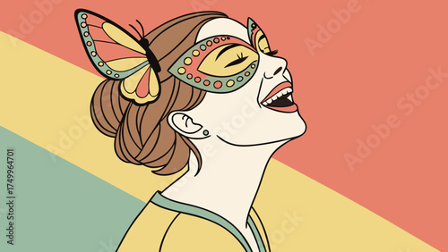 Cartoon lady with butterfly mask and glowing cheeks in bright gradient background