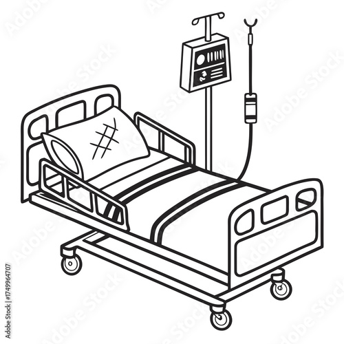 A simple black and white line drawing illustration of a hospital bed with a pillow and an iv drip stand next to it depicting medical care and recovery