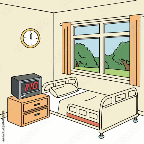 A simple cartoon illustration of a hospital room with a bed bedside table digital clock and a window showing trees and sky outside