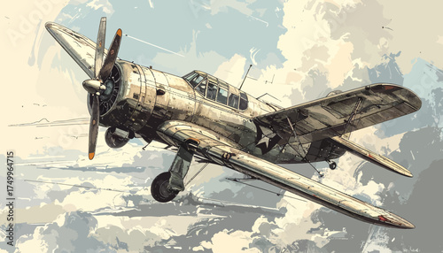 Vintage biplane flying through cloudy sky