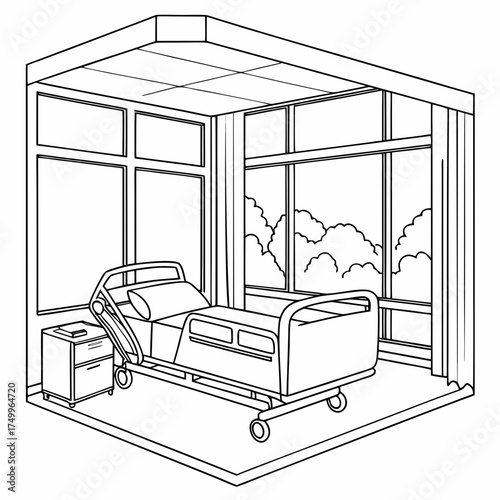 A simple line art illustration of a hospital room with a bed bedside table and large windows showing clouds and trees outside