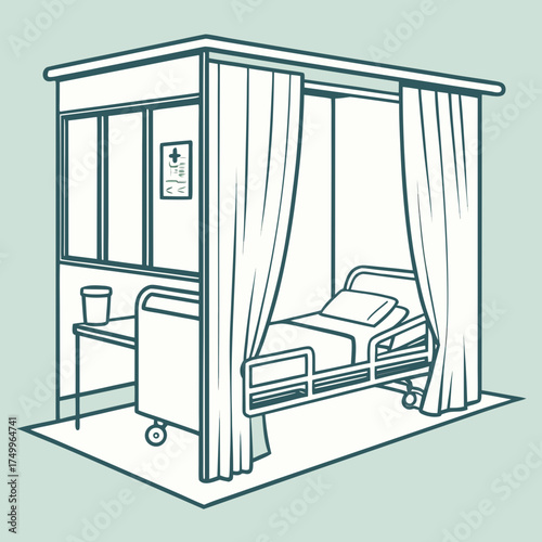 A simple line drawing illustration of a hospital room with a bed privacy curtains a bedside table and a medical chart on the wall