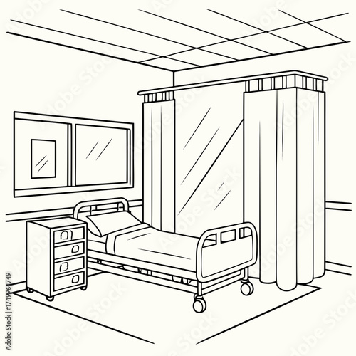 A simple line drawing illustration of an empty hospital room featuring a bed bedside cabinet window and privacy curtains perfect for medical concepts