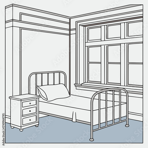 A simple line drawing of a vintage hospital room with a metal bed frame a white pillow a bedside table with drawers and a multi paned window