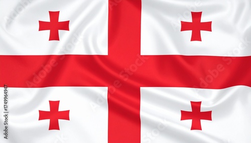 Georgia national flag with white field, large central red cross, and four smaller red bolnur-katskhuri crosses in each quadrant.