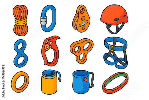 Adventure Gear Essentials. Isometric vector illustration set Adventure Rope Kit: climbing rope, carabiner, pulley block,