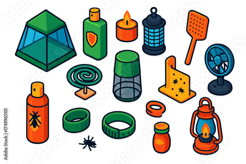 Camping Insect Essentials. Isometric vector illustration set Camping Insect Essentials: tent mosquito net, repellent lotion,