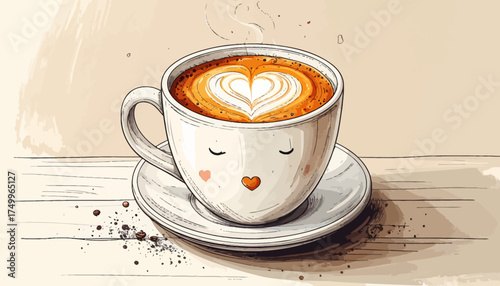 Coffee cup with latte art and heart shape