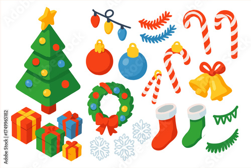 Winter Festive Icons. Isometric vector illustration set Winter Festive Set: Christmas tree, baubles, string lights, tinsel, star