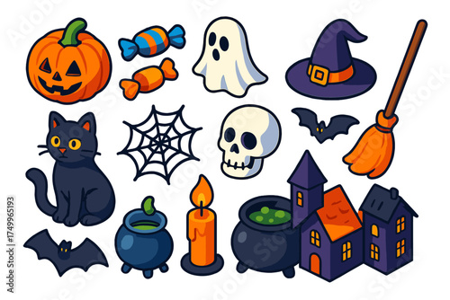 Halloween Icon Set. Isometric vector illustration set Trick-or-Treat Essentials: pumpkin lantern, candy pieces, ghost decoration,
