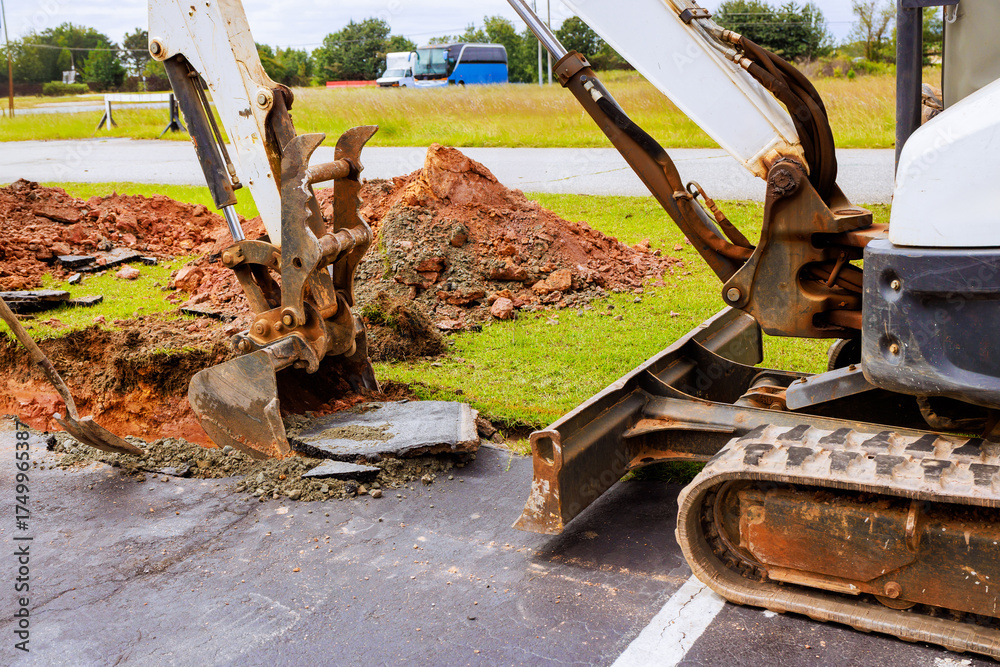 Fototapeta premium Excavator removes asphalt, soil at construction site while vehicles are.