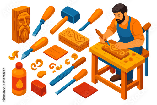 Woodworking Tools Set. Isometric vector illustration set Handmade Woodwork Set: woodcarving, chisel, detail, artisan, carving